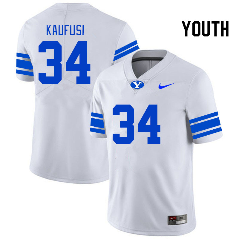 Youth #34 Maika Kaufusi BYU Cougars College Football Jerseys Stitched-White - Click Image to Close